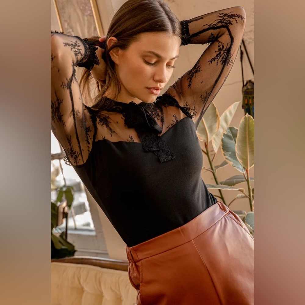 Refined Elegance Black Lace Tie-Neck Long Sleeve Top